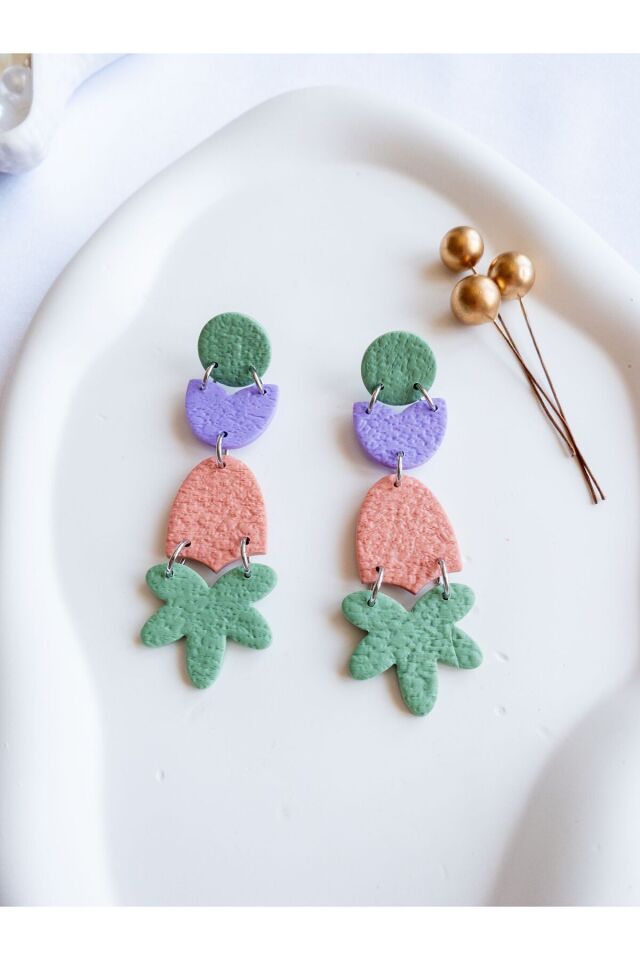 Pastel Geometrik Küpe – El Yapımı Polimer Kil, Çelik Antialerjik Çivi, Hafif ve Zarif Takı