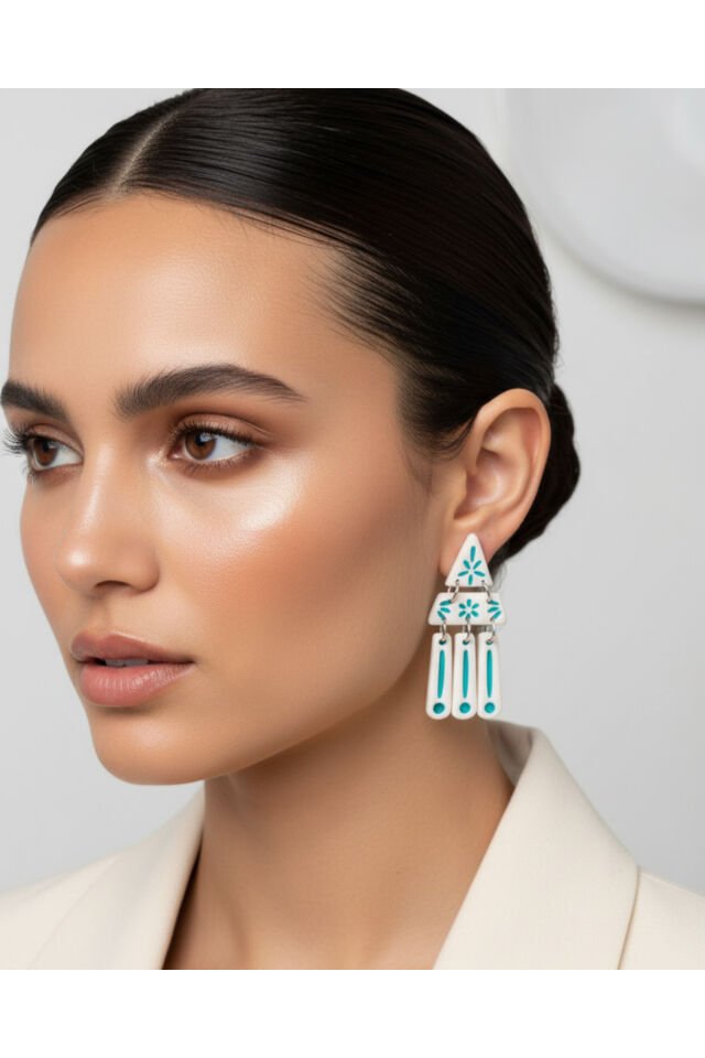 Beyaz Mavi Geometrik Küpe – El Yapımı Polimer Kil, Çelik Antialerjik Çivi, Hafif ve Zarif Takı