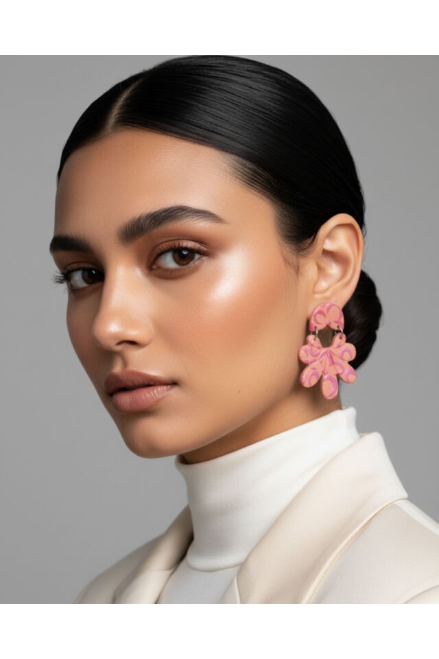 Pembe Çiçek Küpe – El Yapımı Polimer Kil, Sedefli Detaylı, Çelik Antialerjik Çivi, Hafif ve Şık