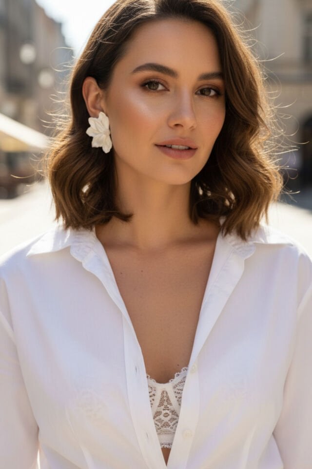 Sedefli Beyaz Çiçek Küpe – El Yapımı Polimer Kil – Antialerjik Çelik Çivi