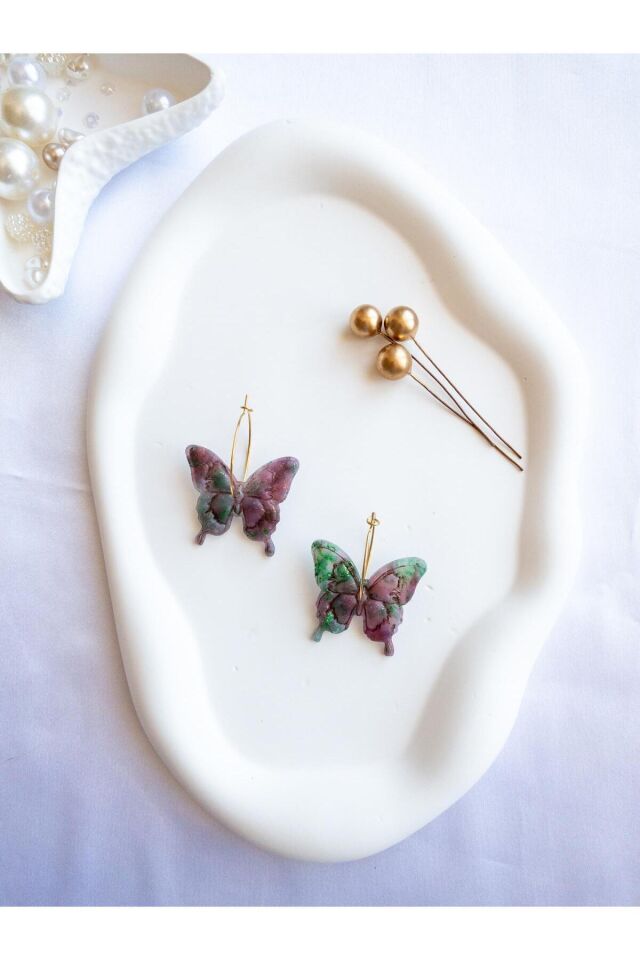 Kelebek Küpe – El Yapımı Transparan Polimer Kil – Antialerjik Çelik Halka