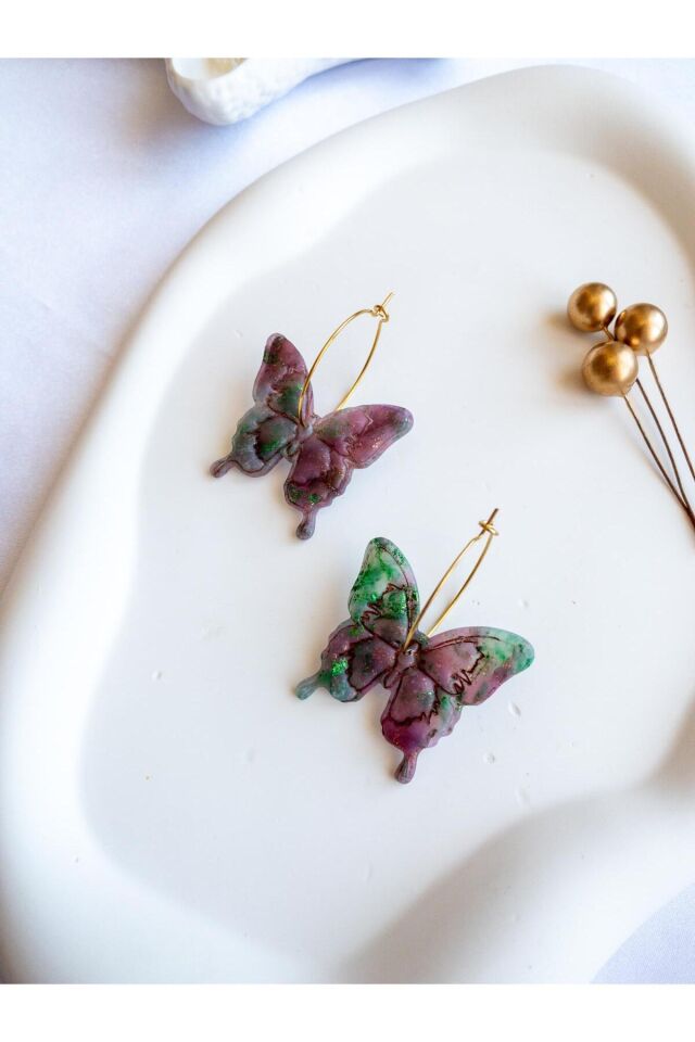 Kelebek Küpe – El Yapımı Transparan Polimer Kil – Antialerjik Çelik Halka