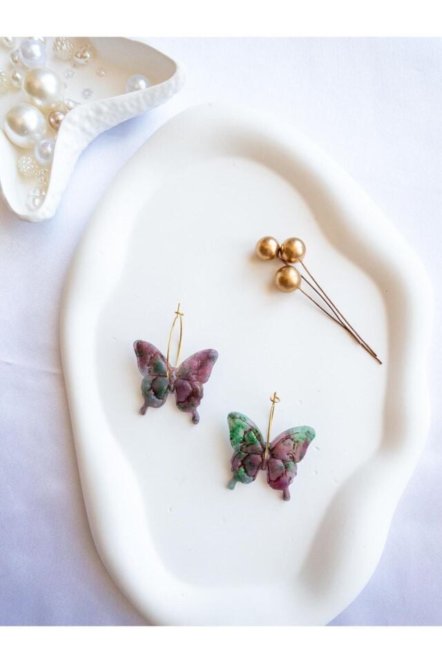 Kelebek Küpe – El Yapımı Transparan Polimer Kil – Antialerjik Çelik Halka