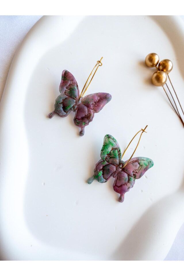 Kelebek Küpe – El Yapımı Transparan Polimer Kil – Antialerjik Çelik Halka