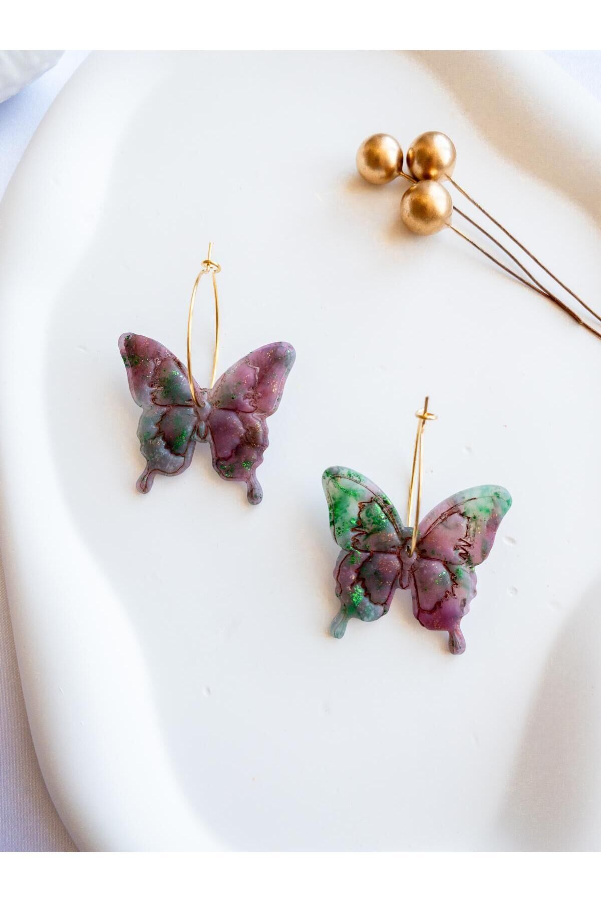 Kelebek Küpe – El Yapımı Transparan Polimer Kil – Antialerjik Çelik Halka