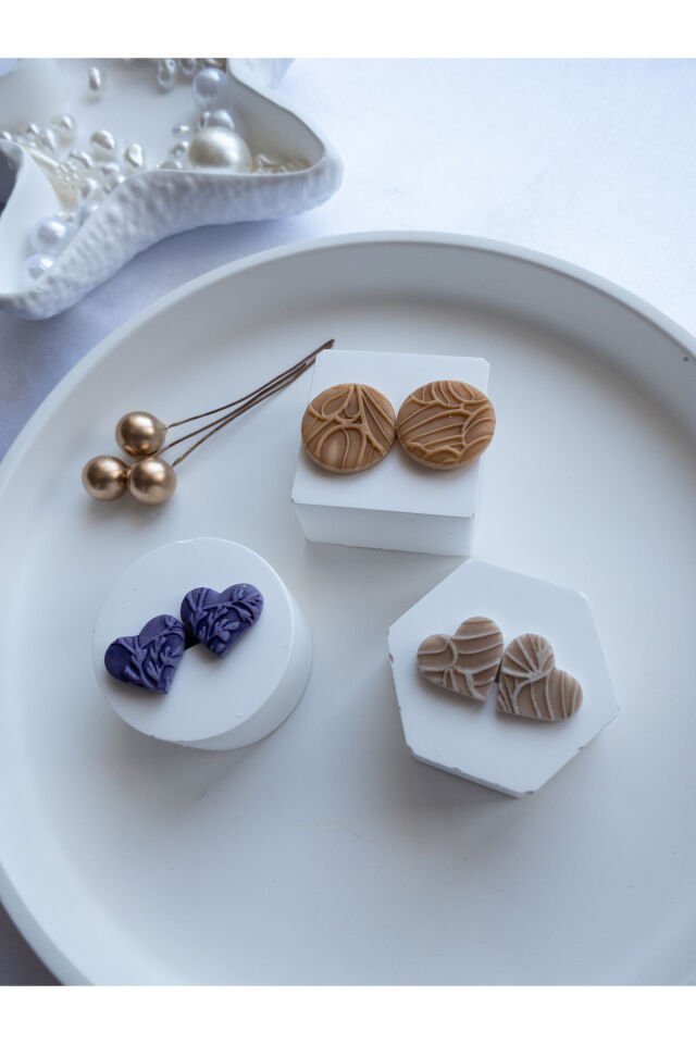 Özel Tasarım Polimer Kil  Desen Detay Mor ve Kahverengi Kalpli Küpe Seti