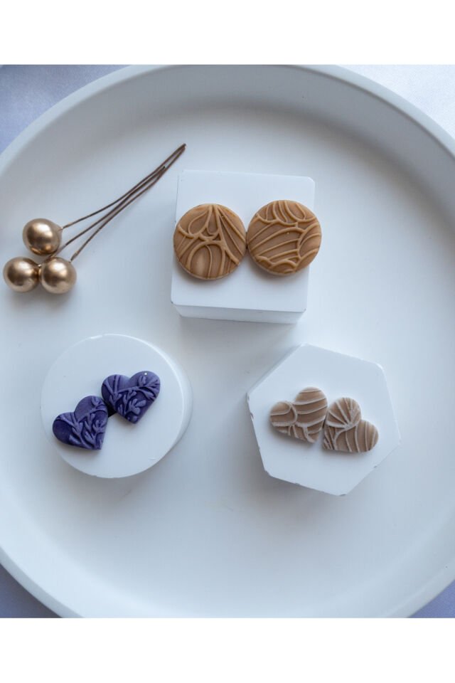 Özel Tasarım Polimer Kil  Desen Detay Mor ve Kahverengi Kalpli Küpe Seti