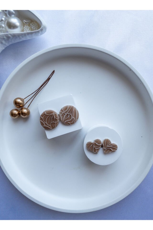 Özel Tasarım Polimer Kil Desen Detay Açık Kahve İkili Küpe Seti