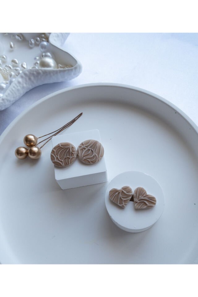 Özel Tasarım Polimer Kil Desen Detay Açık Kahve İkili Küpe Seti