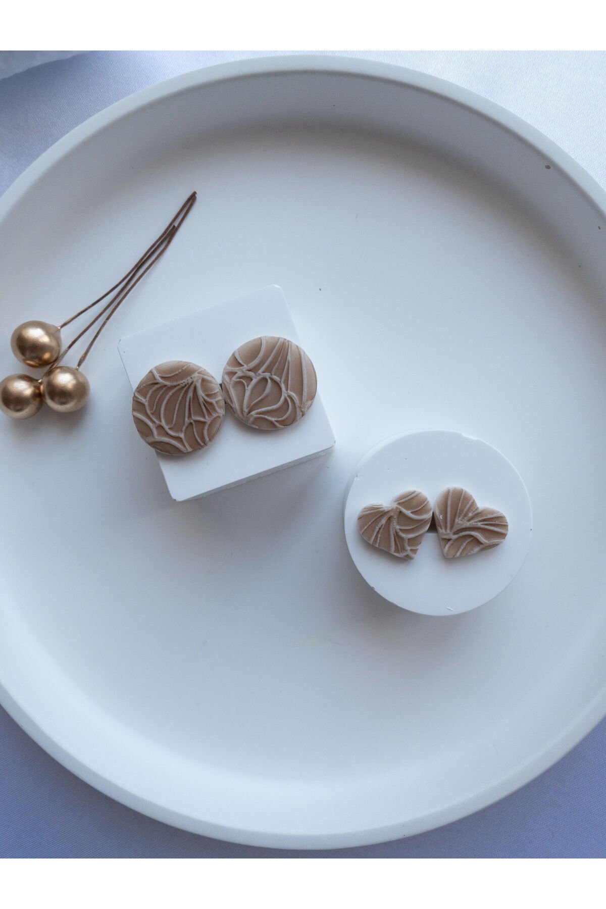 Özel Tasarım Polimer Kil Desen Detay Açık Kahve İkili Küpe Seti