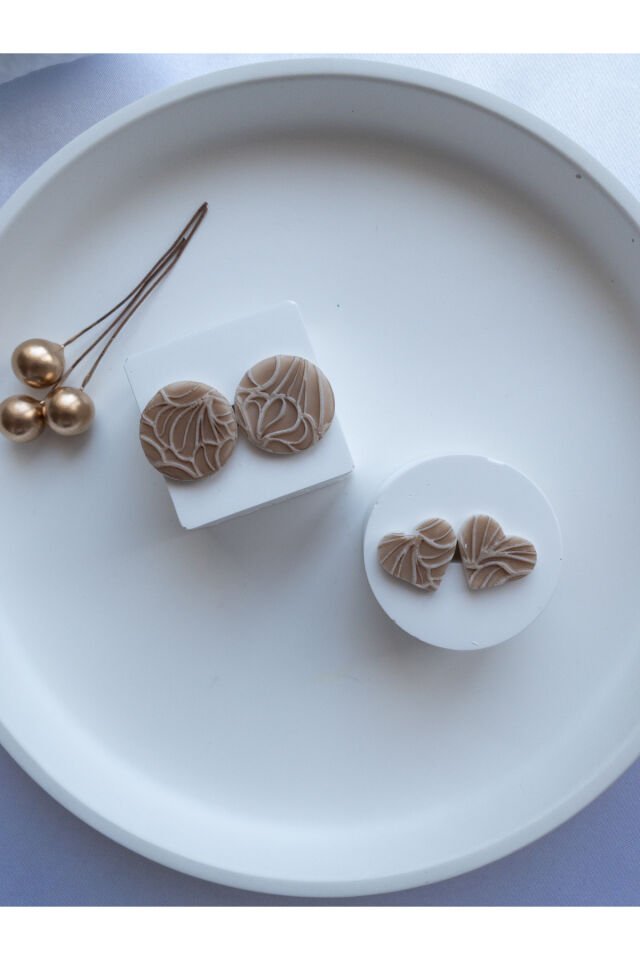 Özel Tasarım Polimer Kil Desen Detay Açık Kahve İkili Küpe Seti