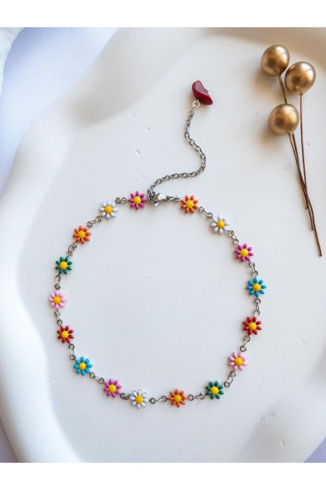 BeuBella Renkli Papatya Detaylı Çelik Halhal – El Yapımı, Ayarlanabilir Zincirli