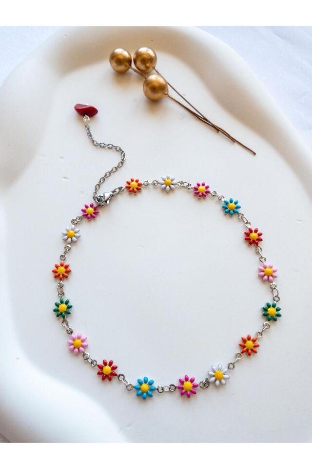 BeuBella Renkli Papatya Detaylı Çelik Halhal – El Yapımı, Ayarlanabilir Zincirli