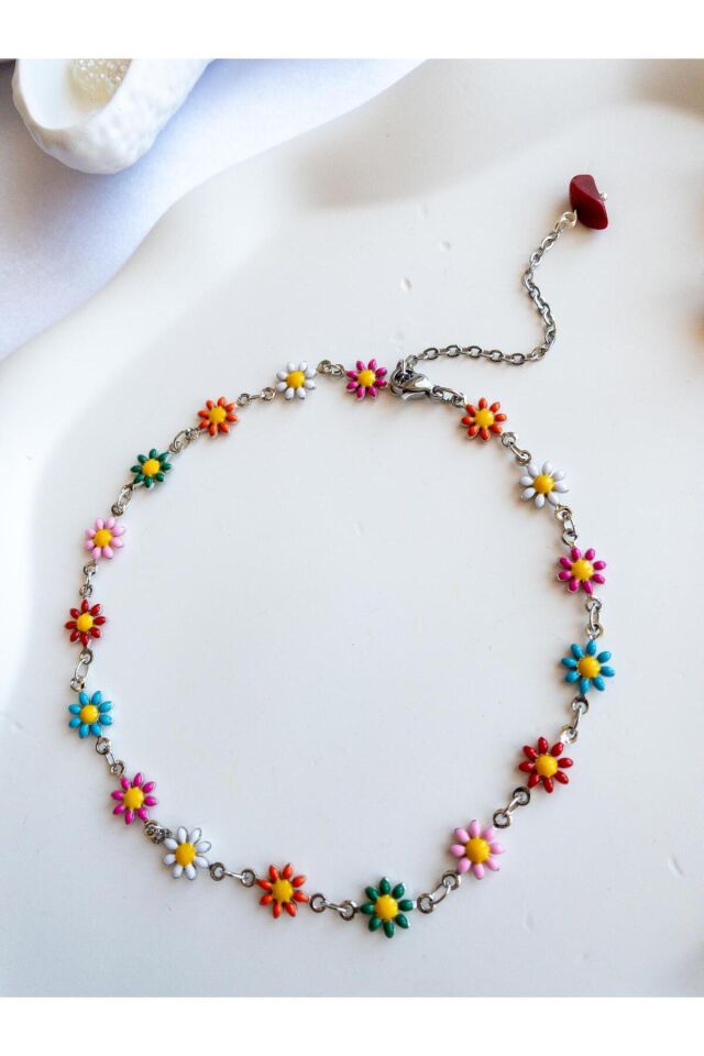 BeuBella Renkli Papatya Detaylı Çelik Halhal – El Yapımı, Ayarlanabilir Zincirli