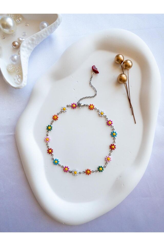 BeuBella Renkli Papatya Detaylı Çelik Halhal – El Yapımı, Ayarlanabilir Zincirli