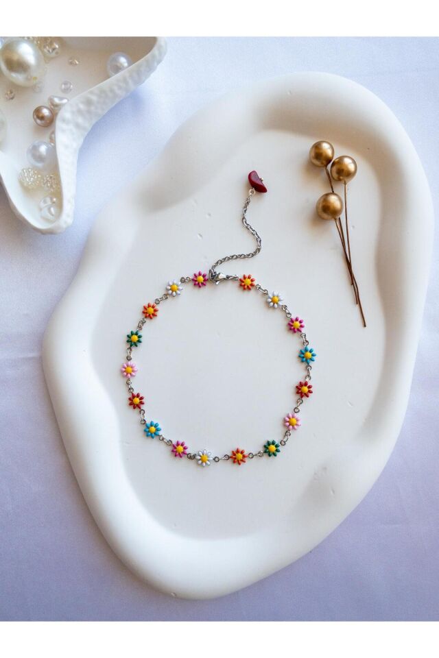 BeuBella Renkli Papatya Detaylı Çelik Halhal – El Yapımı, Ayarlanabilir Zincirli