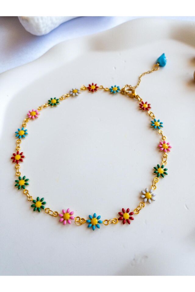 BeuBella Gold Renkli Çiçekli Halhal – El Yapımı, Ayarlanabilir, Mavi Taş Detaylı