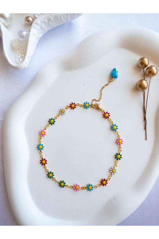 BeuBella Gold Renkli Çiçekli Halhal – El Yapımı, Ayarlanabilir, Mavi Taş Detaylı
