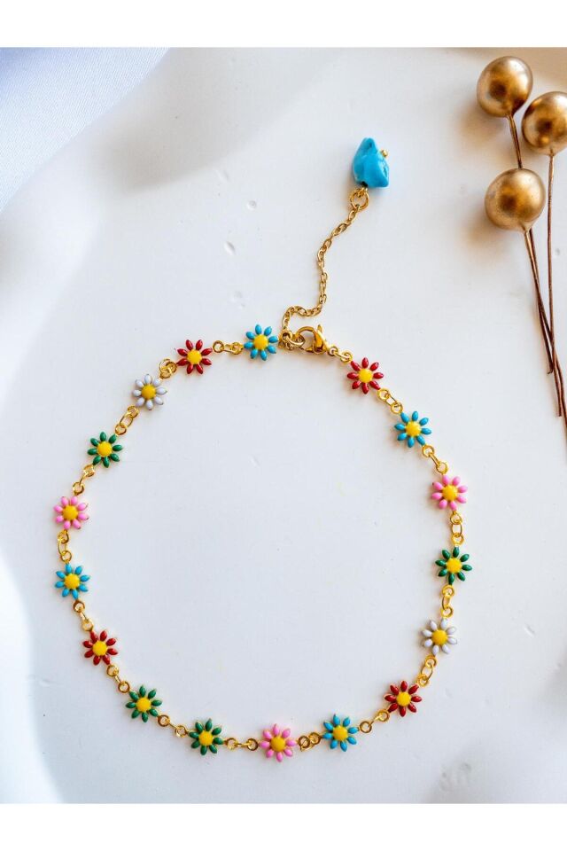 BeuBella Gold Renkli Çiçekli Halhal – El Yapımı, Ayarlanabilir, Mavi Taş Detaylı