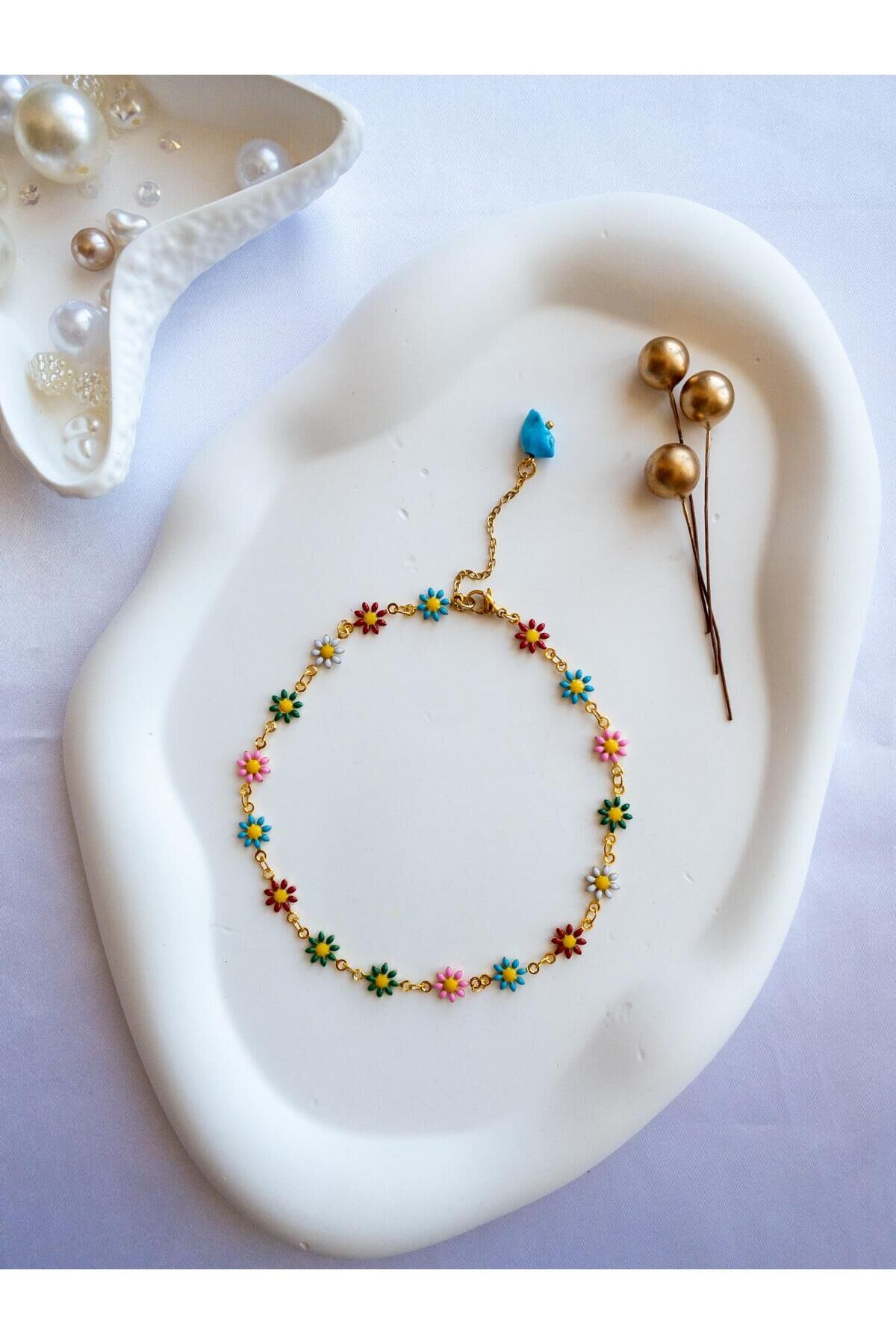 BeuBella Gold Renkli Çiçekli Halhal – El Yapımı, Ayarlanabilir, Mavi Taş Detaylı
