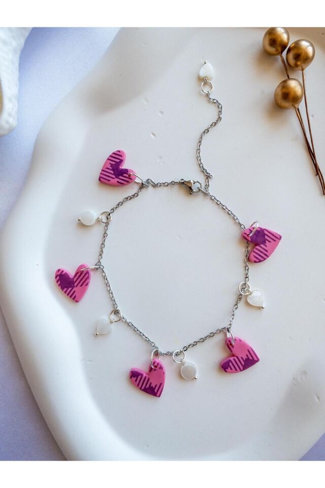 BeuBella Mor Desenli Kalpli Halhal – Çelik Zincir – Taşlı El Yapımı Bileklik