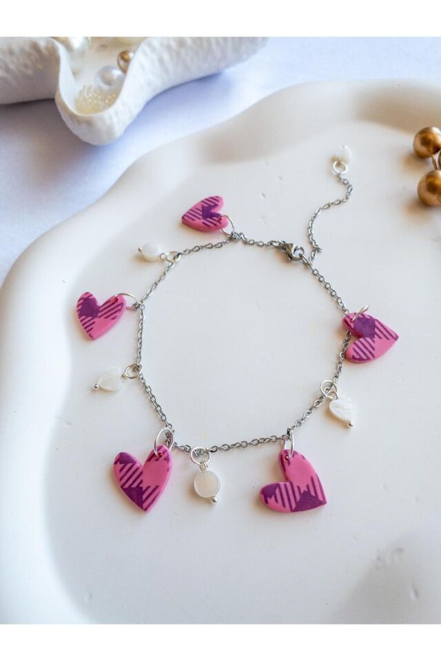 BeuBella Mor Desenli Kalpli Halhal – Çelik Zincir – Taşlı El Yapımı Bileklik