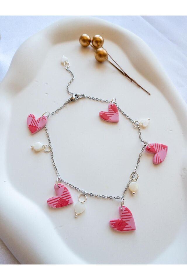 BeuBella Pembe Desenli Kalpli Halhal – Çelik Zincir – Taşlı El Yapımı Bileklik