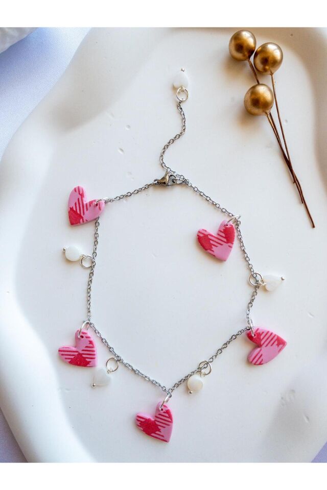 BeuBella Pembe Desenli Kalpli Halhal – Çelik Zincir – Taşlı El Yapımı Bileklik