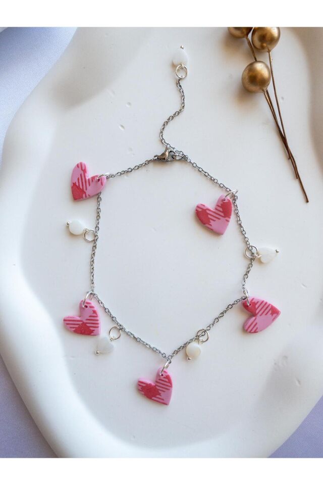 BeuBella Pembe Desenli Kalpli Halhal – Çelik Zincir – Taşlı El Yapımı Bileklik