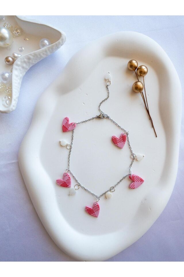 BeuBella Pembe Desenli Kalpli Halhal – Çelik Zincir – Taşlı El Yapımı Bileklik