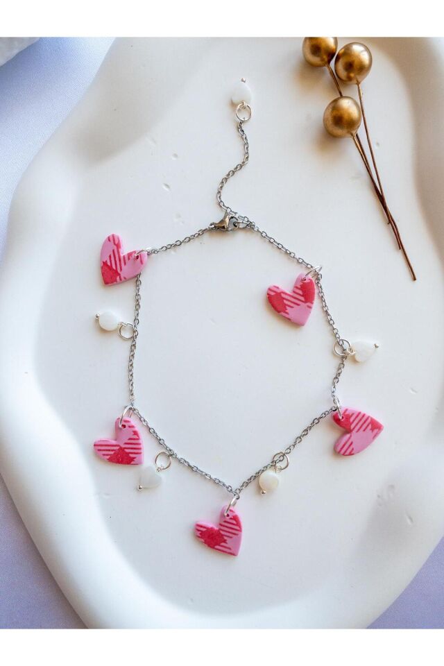 BeuBella Pembe Desenli Kalpli Halhal – Çelik Zincir – Taşlı El Yapımı Bileklik