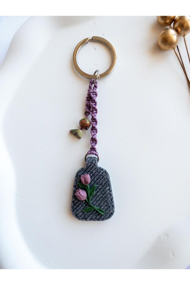 BeuBella El Yapımı Polimer Kil Çiçekli Charm / Anahtarlık – Doğal Taş Boncuklu Hediyelik
