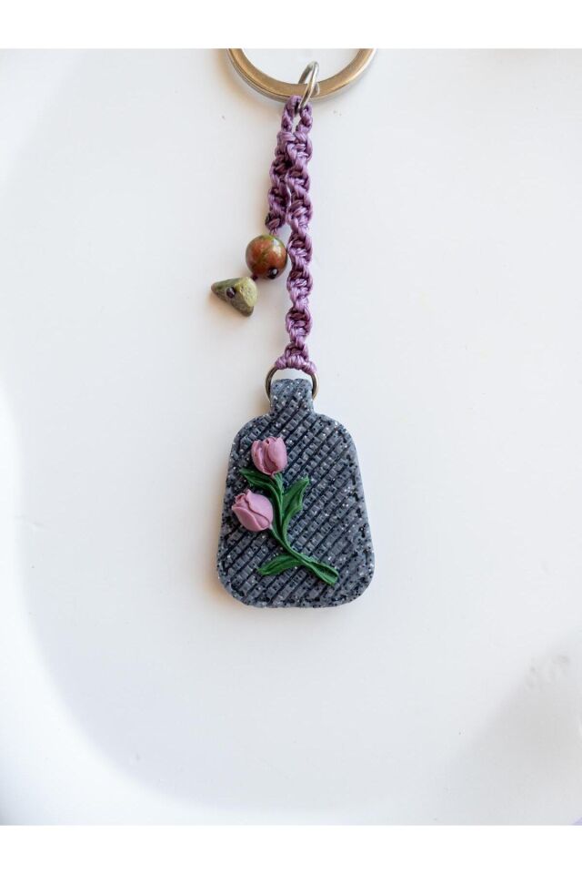 BeuBella El Yapımı Polimer Kil Çiçekli Charm / Anahtarlık – Doğal Taş Boncuklu Hediyelik