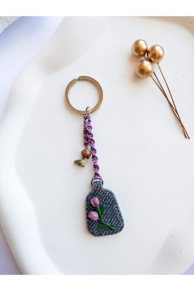 BeuBella El Yapımı Polimer Kil Çiçekli Charm / Anahtarlık – Doğal Taş Boncuklu Hediyelik
