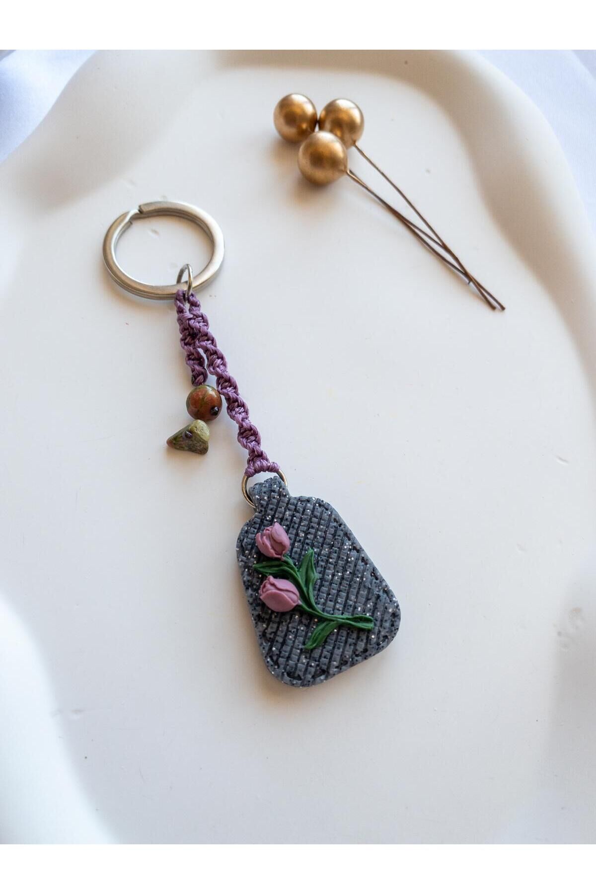 BeuBella El Yapımı Polimer Kil Çiçekli Charm / Anahtarlık – Doğal Taş Boncuklu Hediyelik
