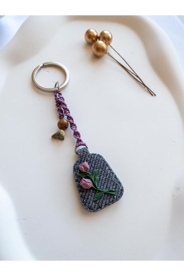 BeuBella El Yapımı Polimer Kil Çiçekli Charm / Anahtarlık – Doğal Taş Boncuklu Hediyelik