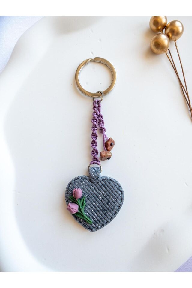 BeuBella Kalp Formlu Polimer Kil El Yapımı Charm / Anahtarlık – Doğal Taşlı Hediyelik