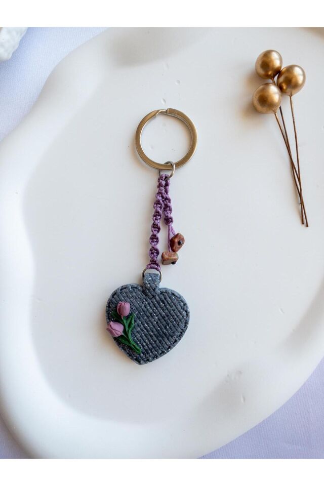 BeuBella Kalp Formlu Polimer Kil El Yapımı Charm / Anahtarlık – Doğal Taşlı Hediyelik