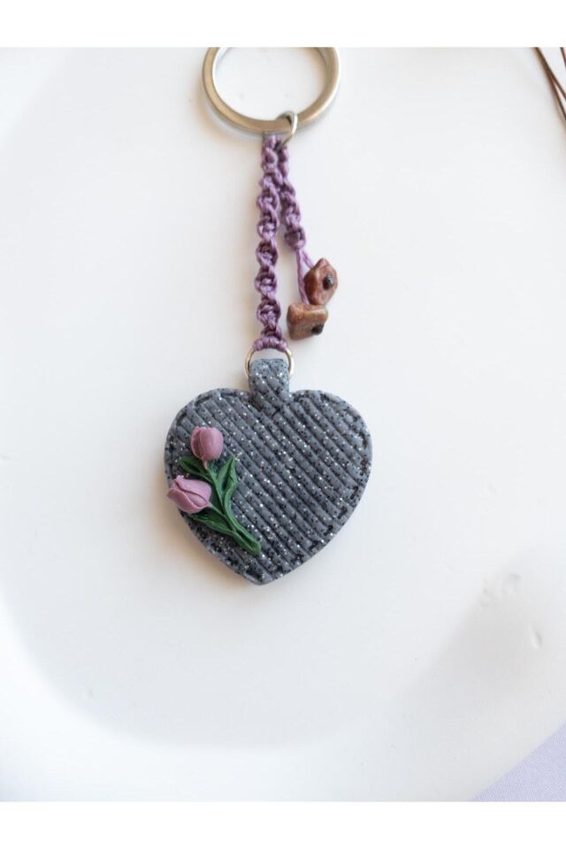 BeuBella Kalp Formlu Polimer Kil El Yapımı Charm / Anahtarlık – Doğal Taşlı Hediyelik