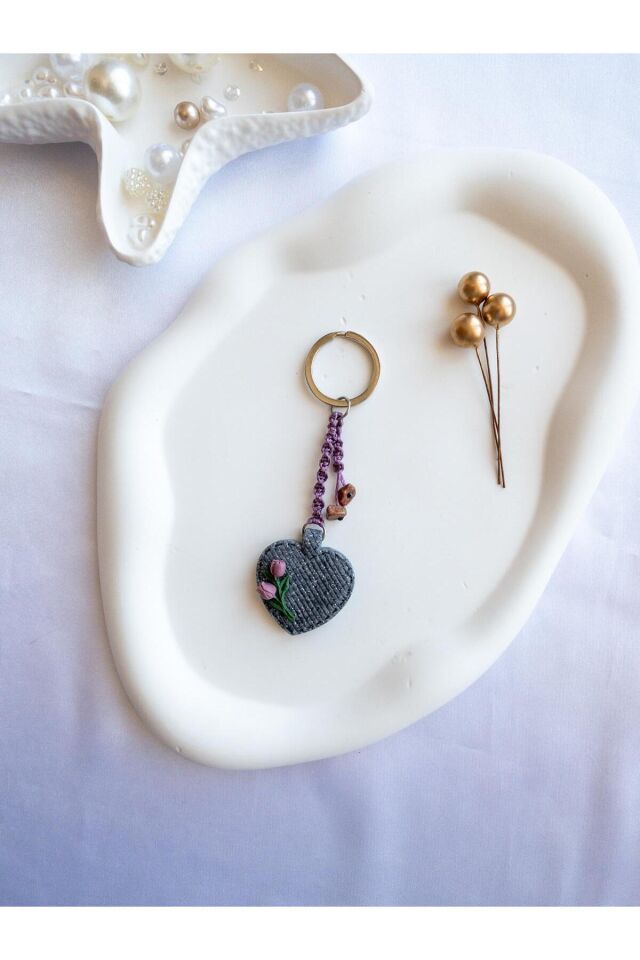 BeuBella Kalp Formlu Polimer Kil El Yapımı Charm / Anahtarlık – Doğal Taşlı Hediyelik