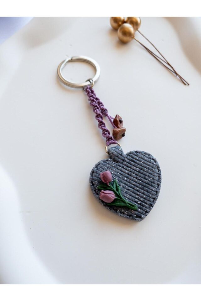 BeuBella Kalp Formlu Polimer Kil El Yapımı Charm / Anahtarlık – Doğal Taşlı Hediyelik