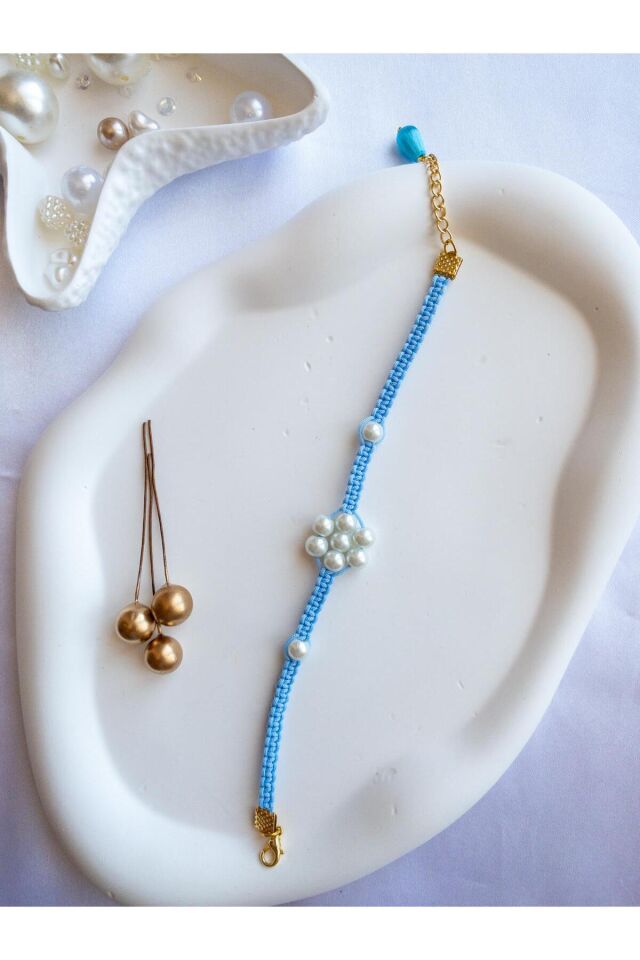 BeuBella El Yapımı Kedi ve Küçük Köpek Tasması – Mavi Makrome – İncili Çiçek – Ayarlanabilir