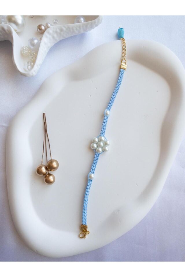 BeuBella El Yapımı Kedi ve Küçük Köpek Tasması – Mavi Makrome – İncili Çiçek – Ayarlanabilir