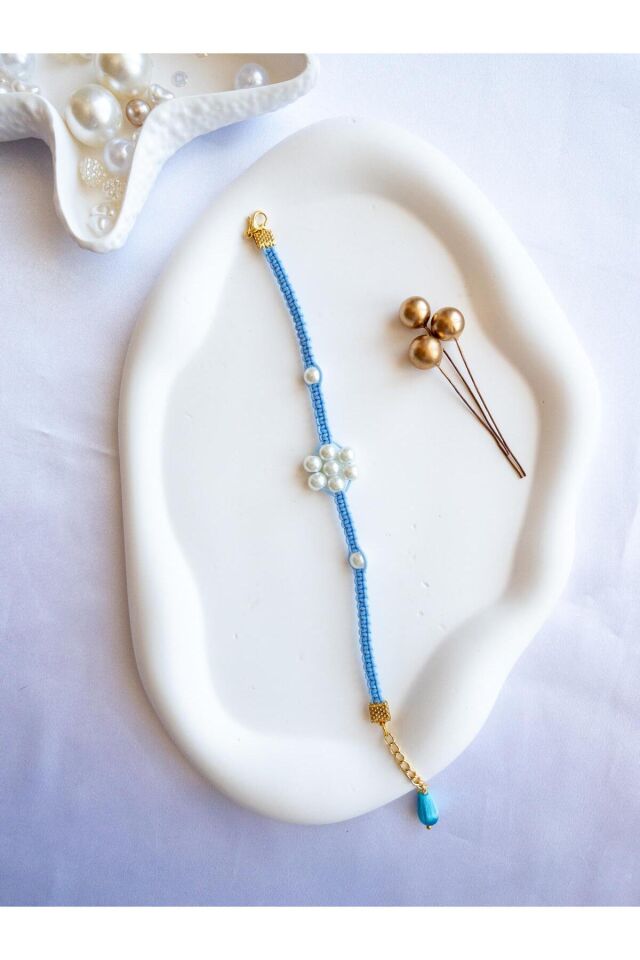 BeuBella El Yapımı Kedi ve Küçük Köpek Tasması – Mavi Makrome – İncili Çiçek – Ayarlanabilir