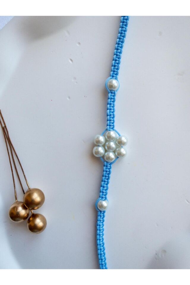 BeuBella El Yapımı Kedi ve Küçük Köpek Tasması – Mavi Makrome – İncili Çiçek – Ayarlanabilir