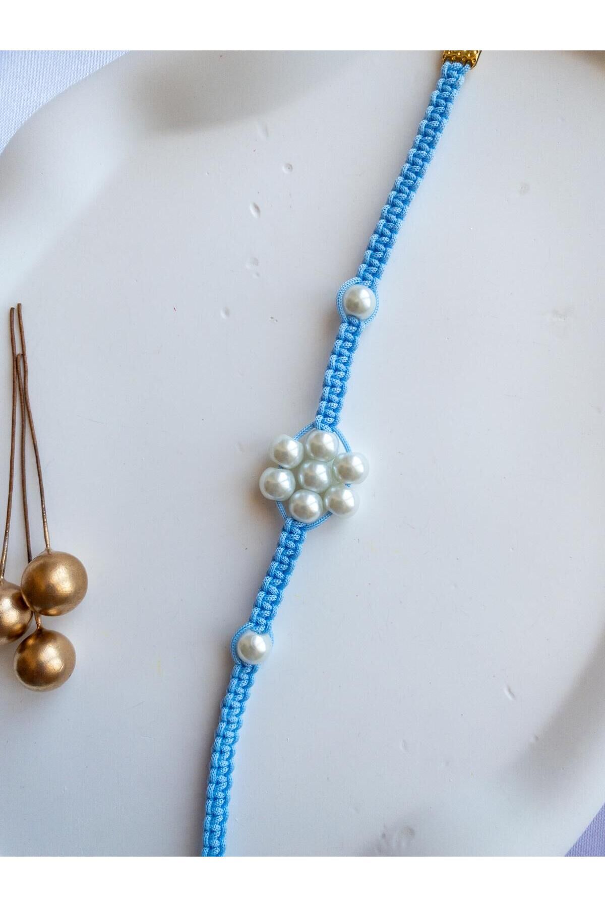 BeuBella El Yapımı Kedi ve Küçük Köpek Tasması – Mavi Makrome – İncili Çiçek – Ayarlanabilir