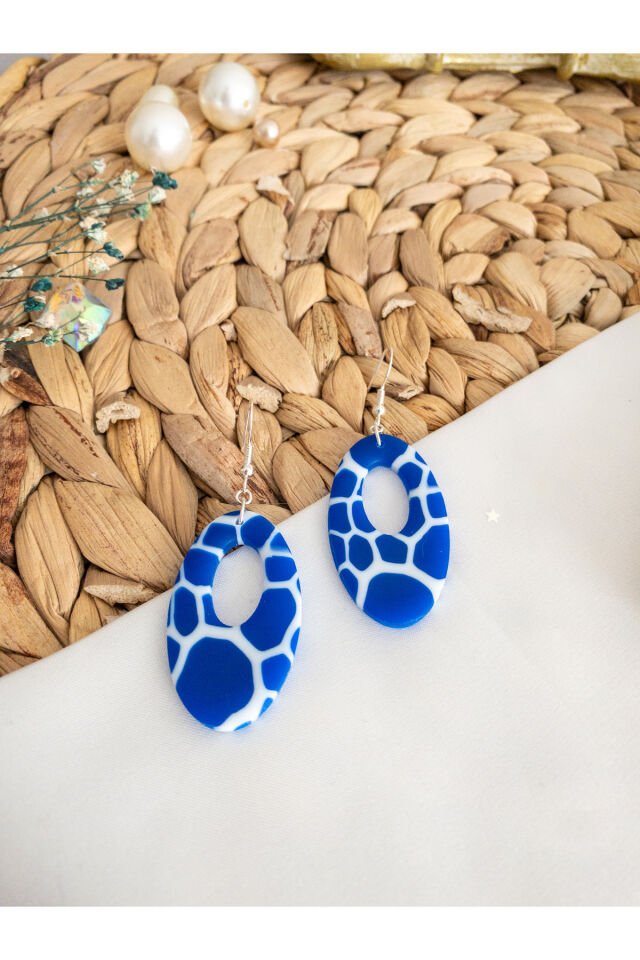 Özel Tasarım Mavi Opal Yarı Saydam Mermer Görünüm Geometrik Küpe