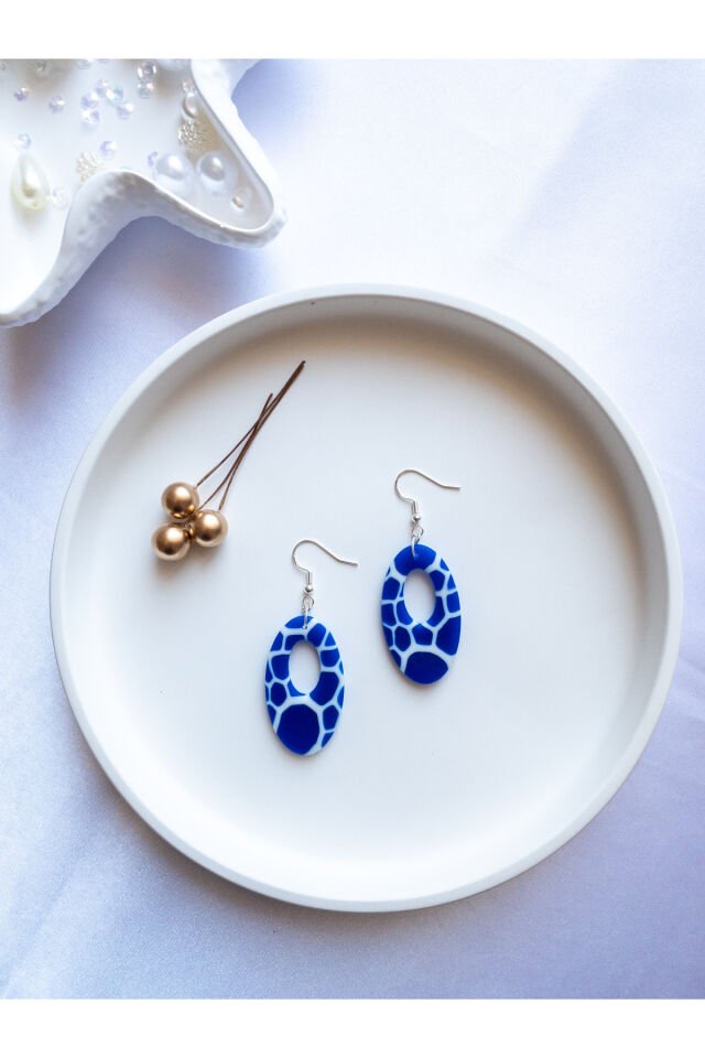 Özel Tasarım Mavi Opal Yarı Saydam Mermer Görünüm Geometrik Küpe