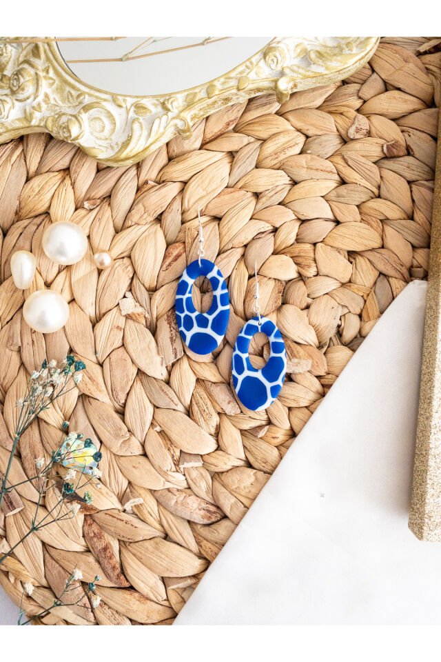 Özel Tasarım Mavi Opal Yarı Saydam Mermer Görünüm Geometrik Küpe