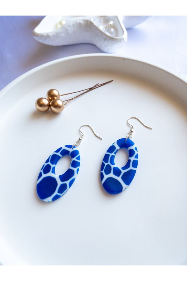 Özel Tasarım Mavi Opal Yarı Saydam Mermer Görünüm Geometrik Küpe